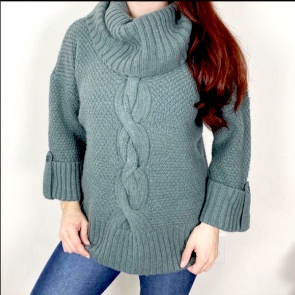 Talbots chunky sweater wool alpaca blend green turtleneck cowl neck cable knit L - Picture 1 of 11